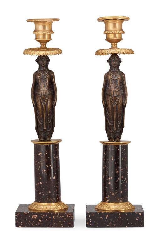 A pair of late Gustavian circa 1800 porphyry candlesticks.