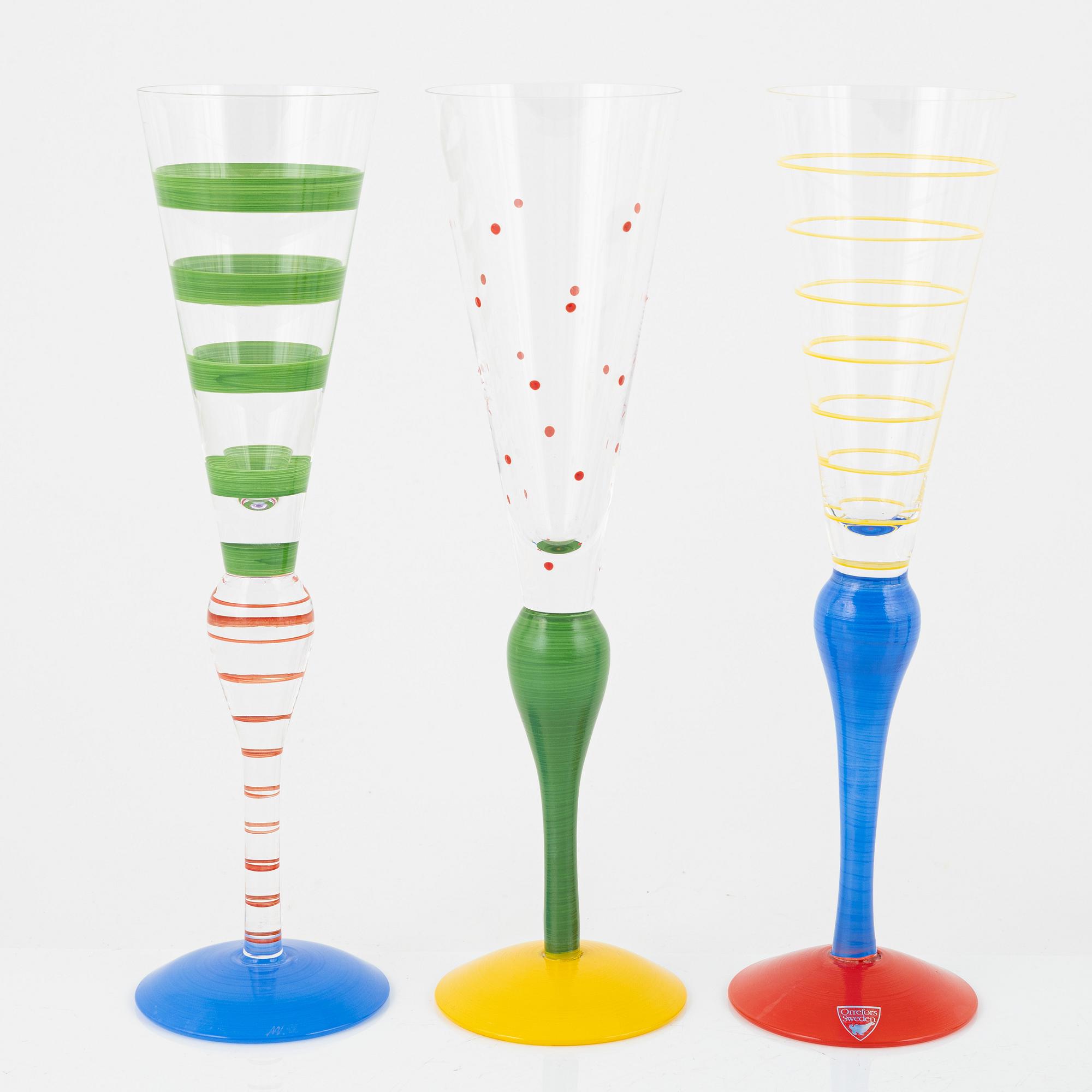 Anne Nilsson, six 'Clown' champagne glasses, Orrefors.