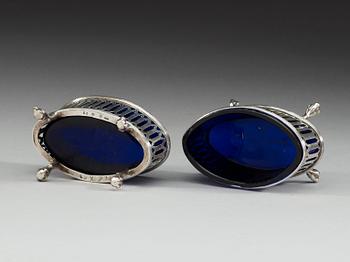 A pair of Swedish 18th century silver and glass salts, makers mark of Olof Yttraeus, Uppsala 1799.