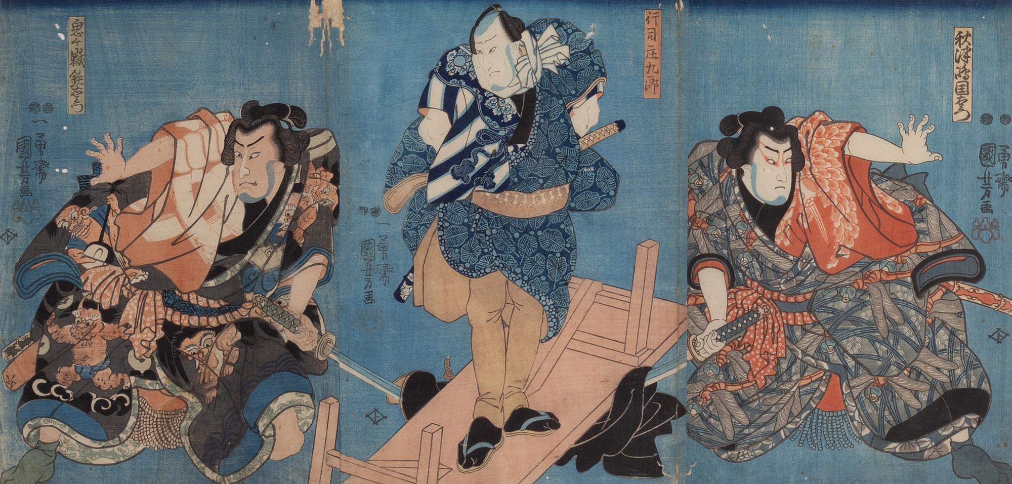 Utagawa Kuniyoshi, A Triptych with kabuki actors as samurai warriors.