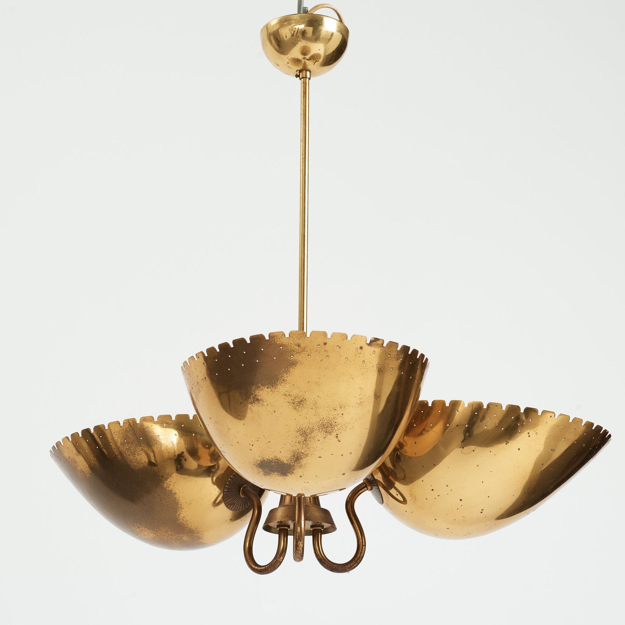 Carl-Axel Acking, probably, a Swedish Modern three light brass ceiling light, Arvid Böhlmarks Lampfabrik, 1940's.