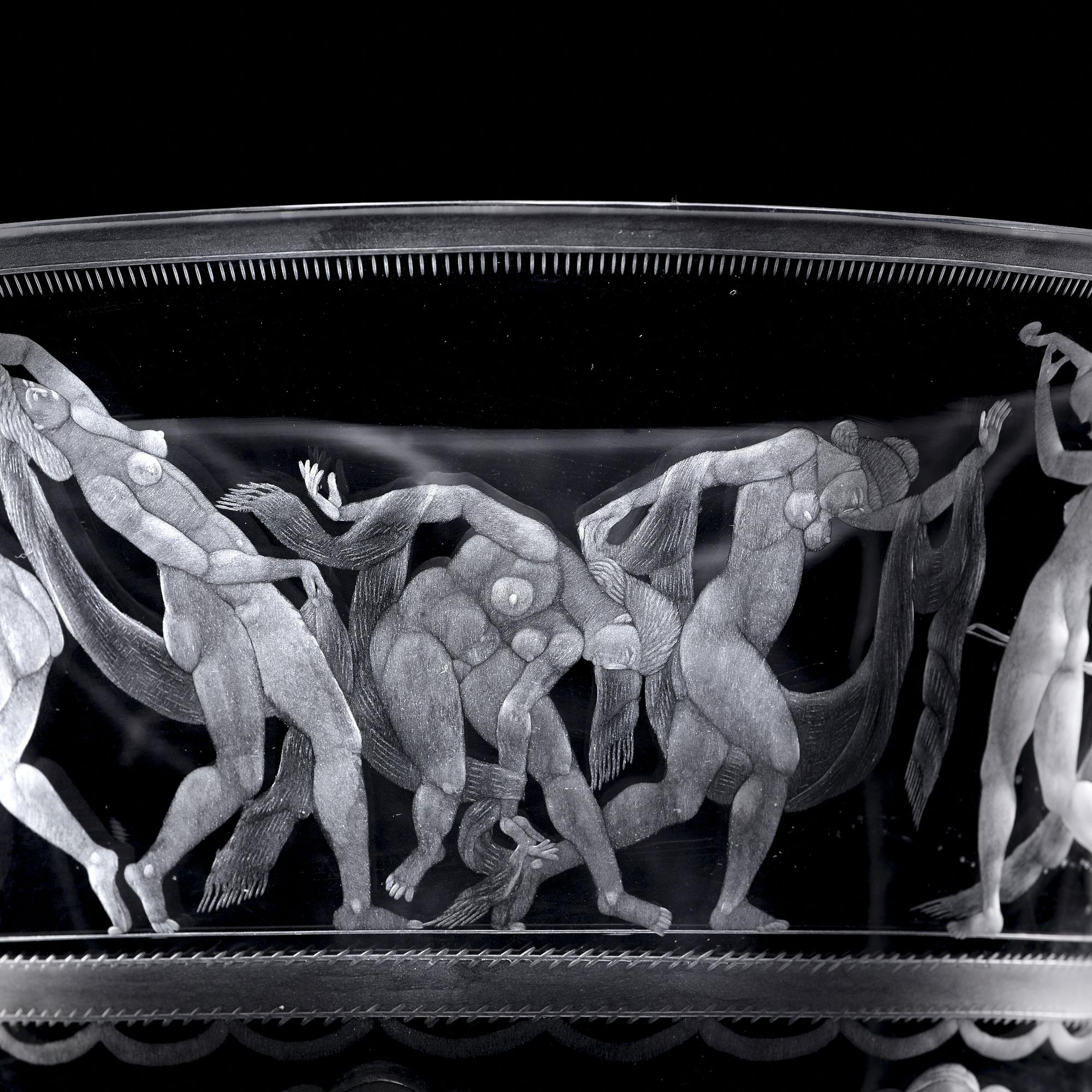 Simon Gate, an engraved glass bowl with plate, Orrefors, Sweden 1923, model 122.