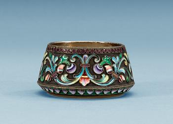 A Russian 20th century silver and enamel salt-cellar, mark of 26th Artel, Moscow 1908-1917.