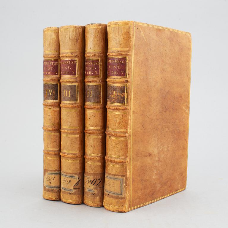 Robertsons historia över Karl V i trevliga band, 1782 (4 vol).