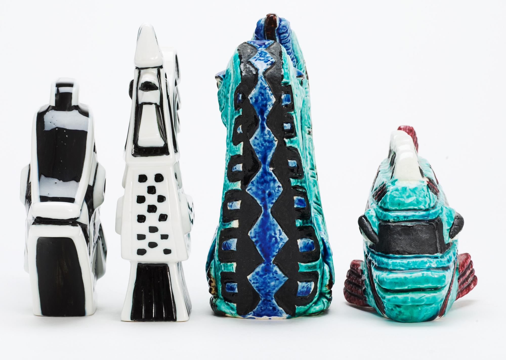 Four Gunnar Nylund stoneware figures, a rooster, bird and two fishes, Rörstrand.