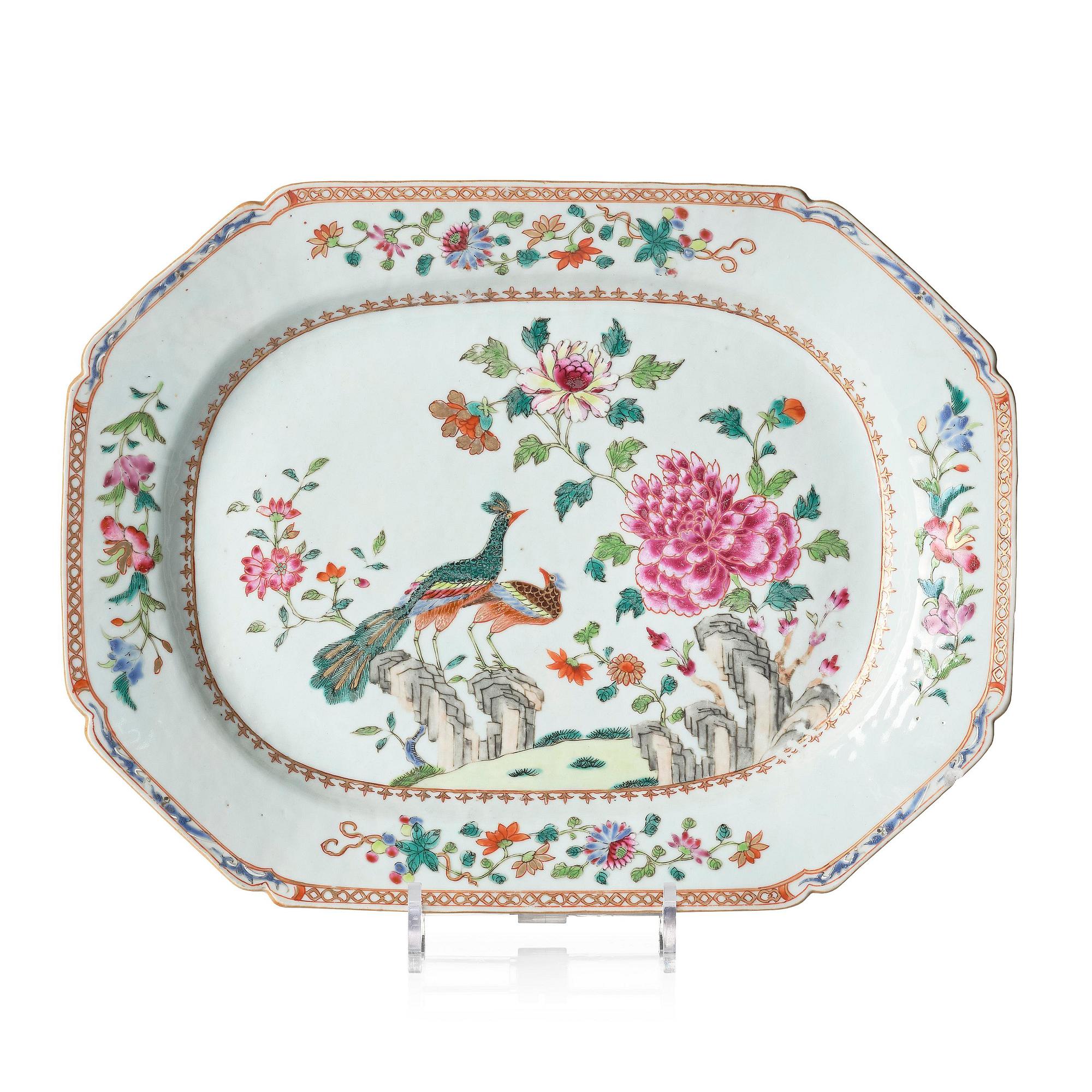 A famille rose 'double peacock' serving dish, Qing dynasty, Qianlong (1736-95).
