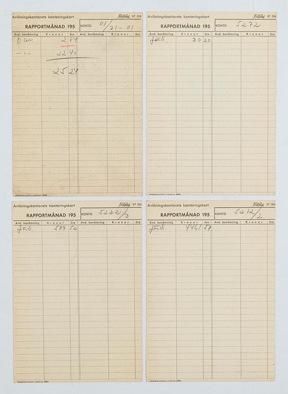 Birger Kaipiainen, samling originalskisser, 38 st, blyerts, på Rörstrands avlöningskontorets konteringskort, 1954 - 1958.