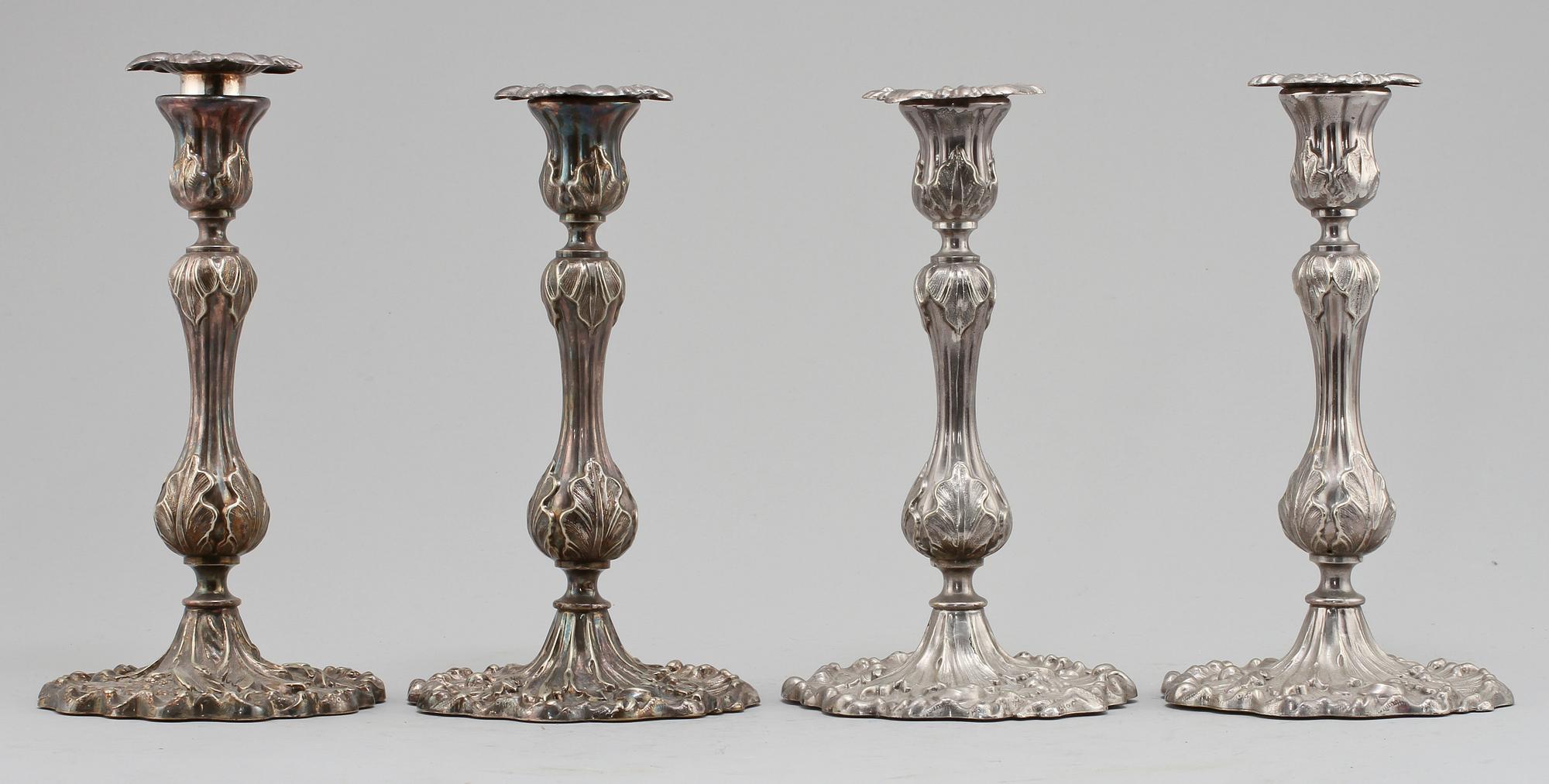 LJUSSTAKAR, 4 st, nysilver, nyrokoko, 1800-talets andra hälft.