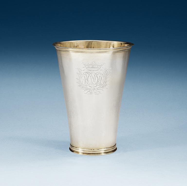 A Swedish early 18th century parcel-gilt beaker, makers mark of Johan Schenck, Stockholm 1709.