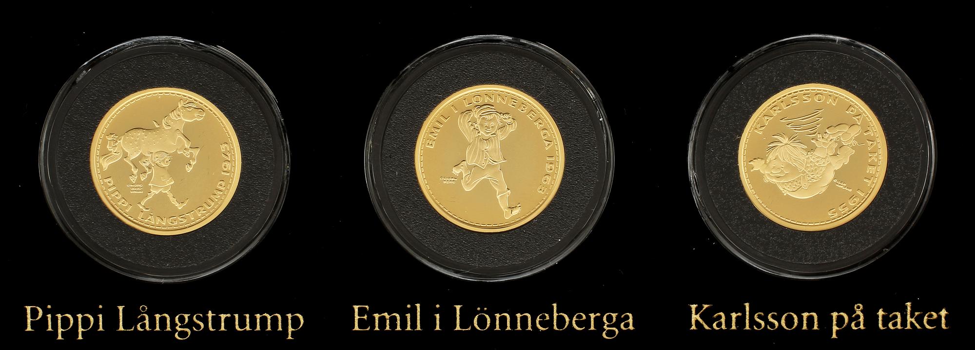 MYNT, 3 st, guld, Astrid Lindgren, nr 853/1000, 1900/2000-tal. Tot 25,8 gr.