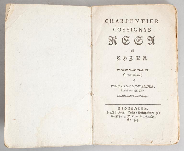 BOK: Charpentier Cossignys Resa till China i öfwersättning af Pehr Olof Gravander, tryckt 1803.