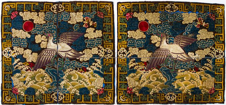 A pair of embroidered civil officials rank badges, Buzi, with egrets, Qing dynasty, 19th century.