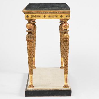 A late Gustavian giltwood console table in the manner of Jonas Frisk, Stockholm, circa 1800.
