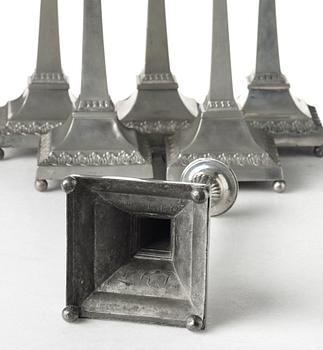 Six late Gustavian pewter candlesticks by P. H. Lundén, master in Lidköping 1797-1834.
