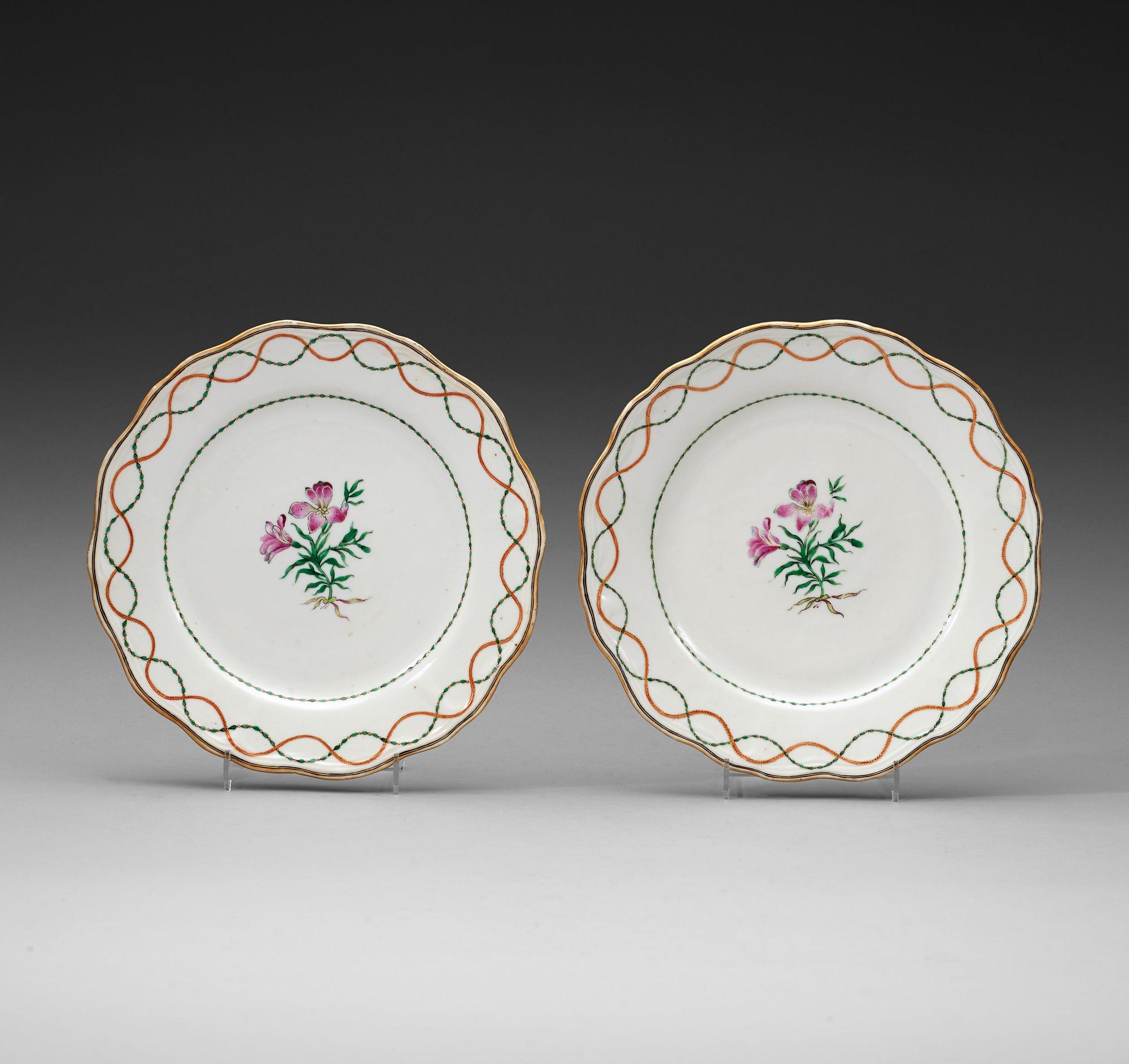 A pair of famille rose armorial dishes for Claes Alströmer, Qing dynasty, Qianlong (1736-95), ca 1770.