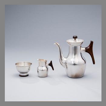 TAPIO WIRKKALA, COFFEE POT, SUGAR BOWL AND CREAMER. Signed TW. Kultakeskus, Hämeenlinna 1962,-65 and -65.