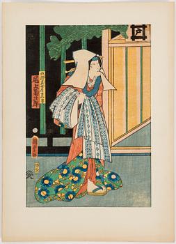 UTAGAWA KUNISADA, även kallad Toyokuni III (1786-1864) samt TOYOKUNI II (1777-1835) färgträsnitt, tre stycken. Japan.