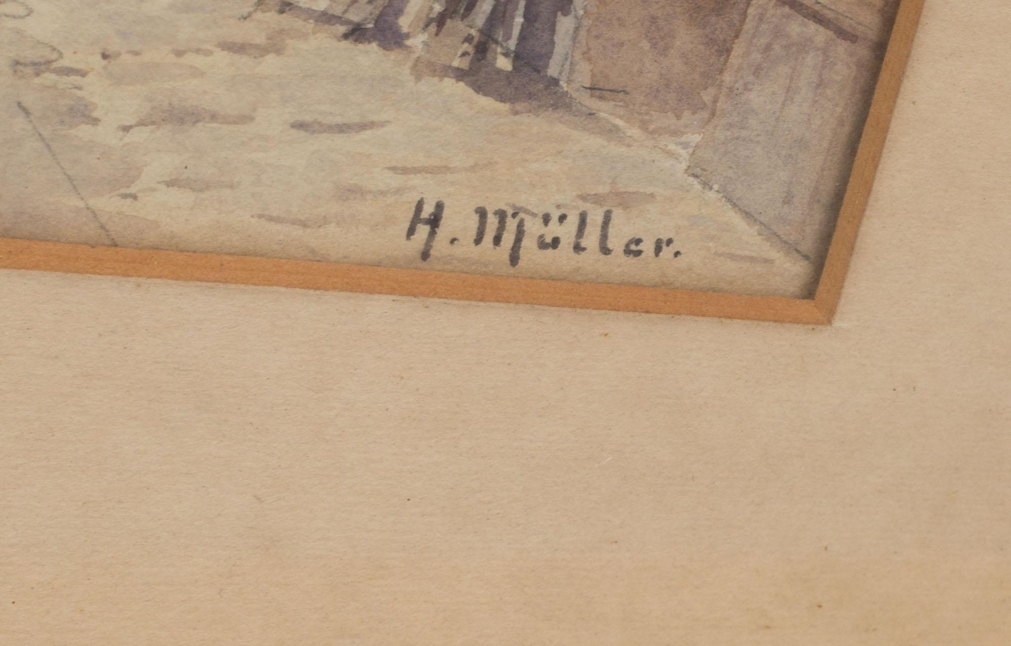 HERMAN MÜLLER, akvarell, "Stockholm Tjärhofgatan" Signerad.