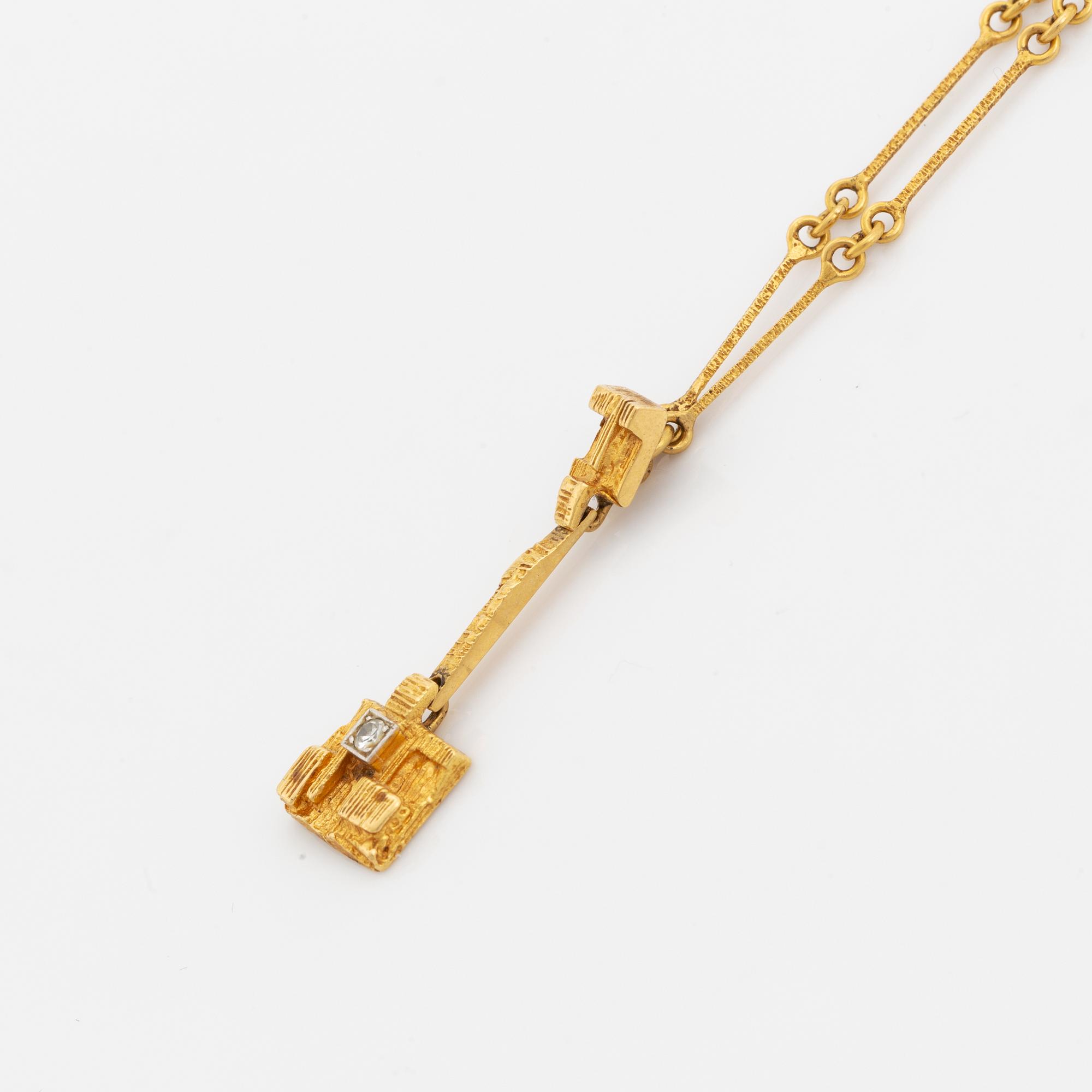 Björn Weckström, necklace and earrings,  18K gold with eight cut and brilliant cut diamonds.