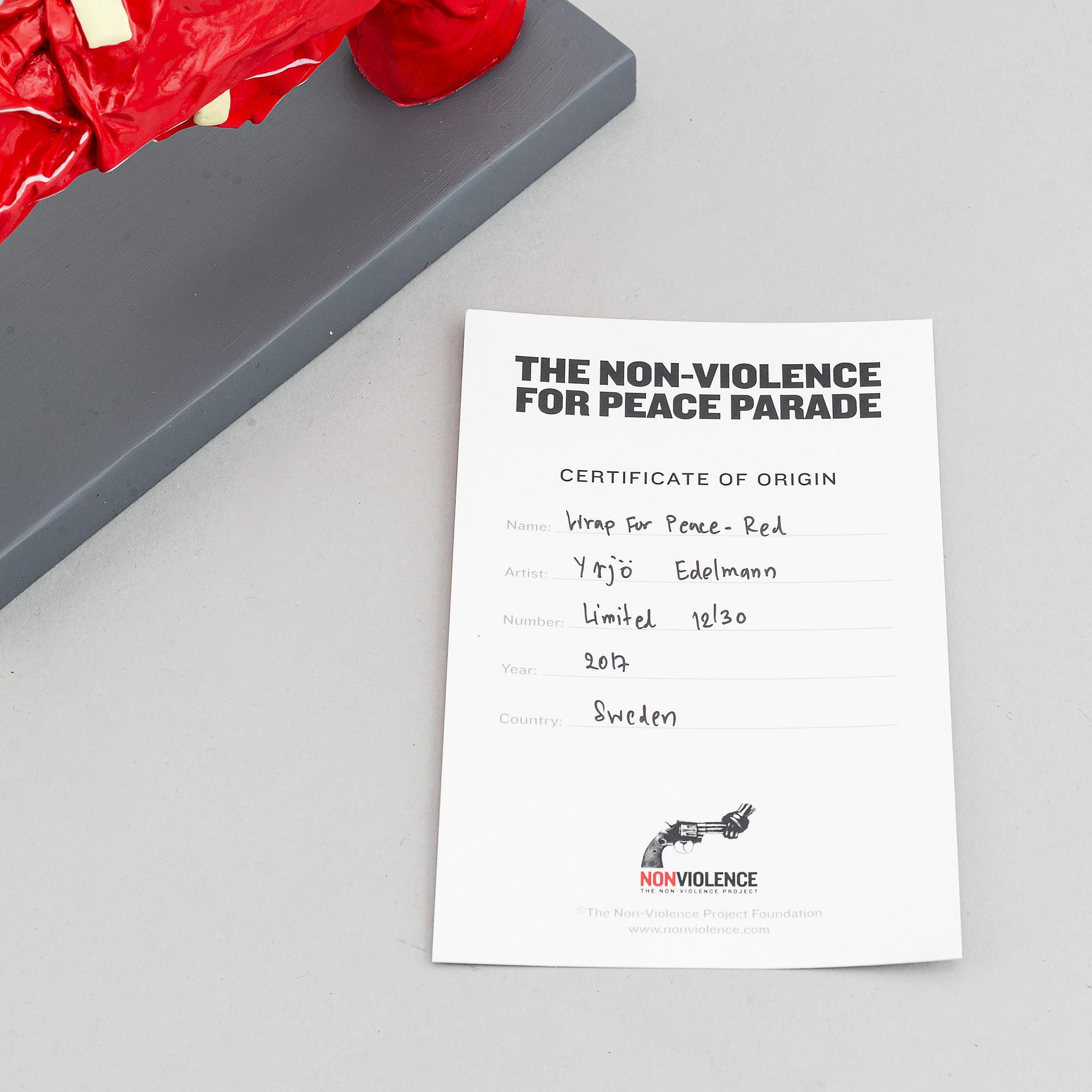 Carl-Fredrik Reuterswärd/ The Non-Violence Project Foundation, a polyresin sculpture 2017, Certificate numbered 12/30.