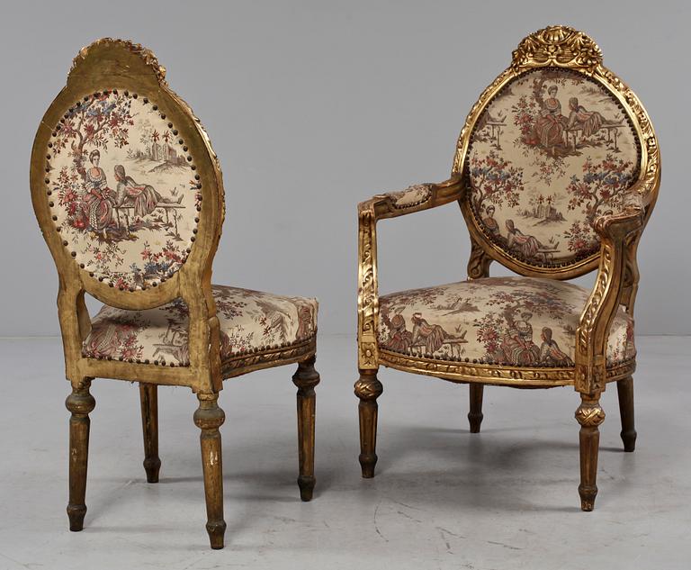 FÅTÖLJER, ett par samt STOLAR, ett par, Louis XVI-stil, 1900-tal.