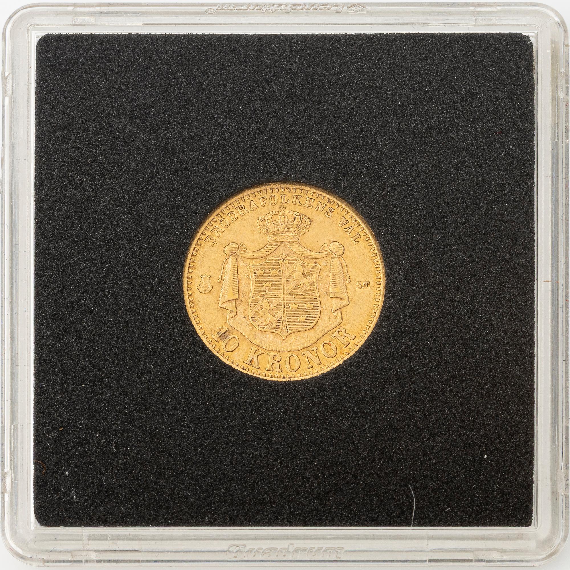 Gold coin, Oscar II, 10 kronor, type I, Sweden 1874/73.