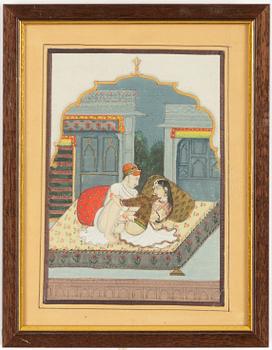 Unidentified artist, Erotic scenes in palace settings, India, 20th century. Two pieces.