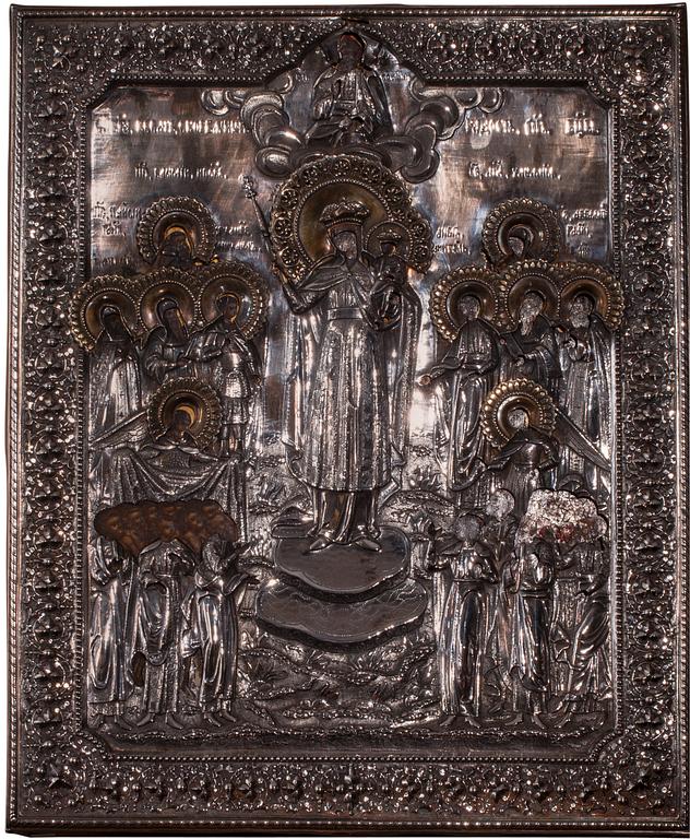 IKON, Tempera på pannå, Ryssland, 1800-talets sista kvartal. Risa, silver. Mästare Ivanov M.I. Sankt Petersburg, 1880.