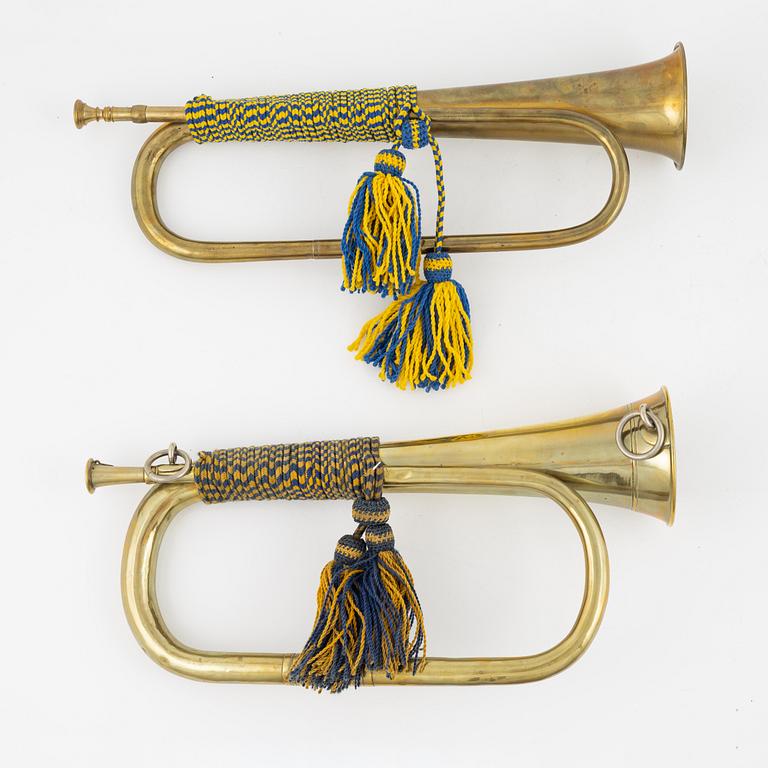 Two military brass signal horns, one marked 'True Sound' Birger Steiner Stockholm.