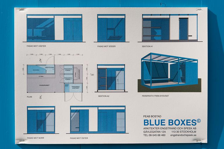 PAVILJONG, "Blue Boxes", Arkitekter Engstrand och Speek AB. Skänkt av PEAB bostad.