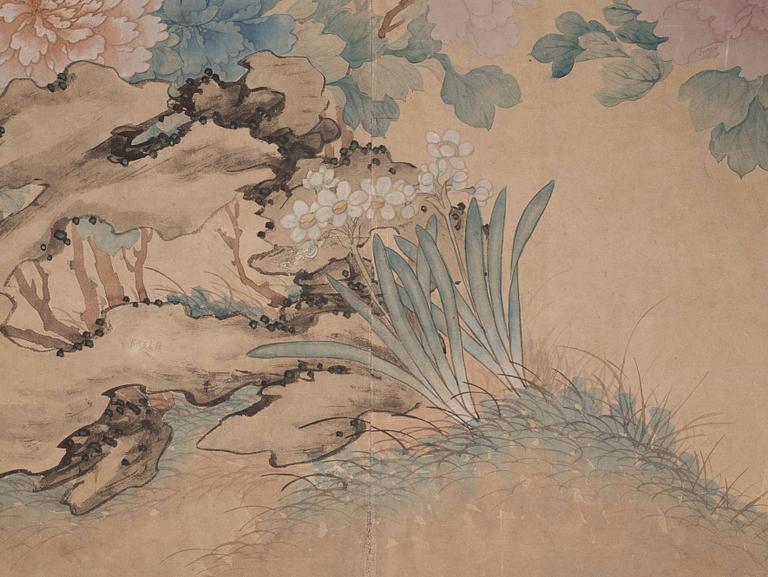 A Chinese scroll painting/wall paper-panel, ink and colour on paper, after Jiang Tingxi (1669-1732), Qing dynasty.