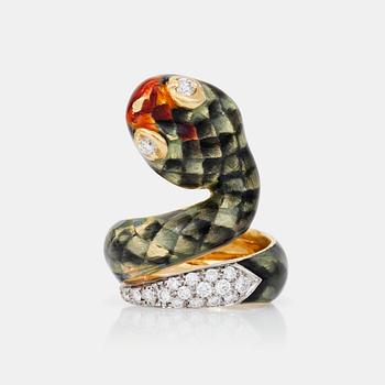 563. An enamel and brilliant-cut diamond snake ring.