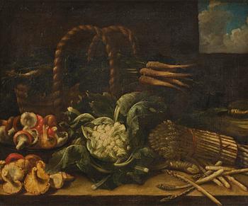 860. Simone del Tintore, follower of, Still life with asparagus, mushrooms, cauliflower, and turnips.