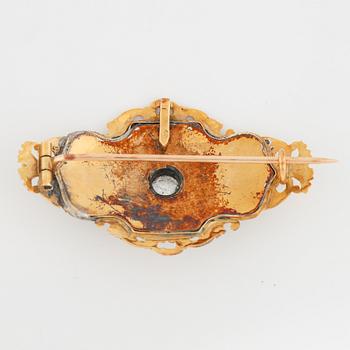 Enamel and old-cut diamond brooch, 18K gold.