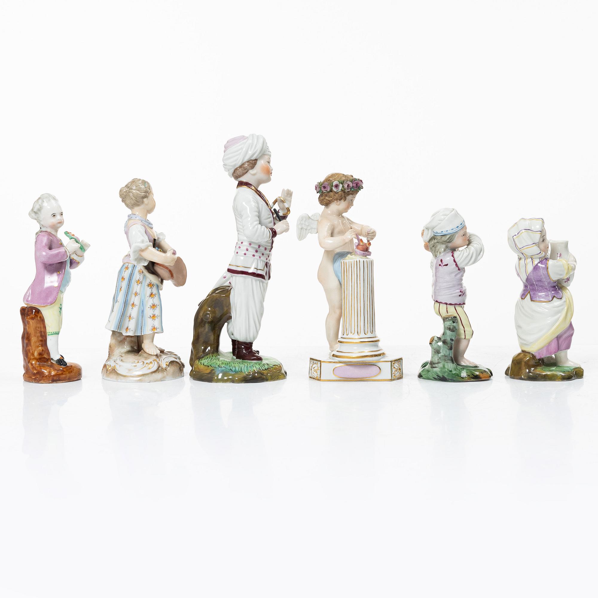 Six porcelain figurines, including Meissen and Höscht, Germany, 19th-20th century.