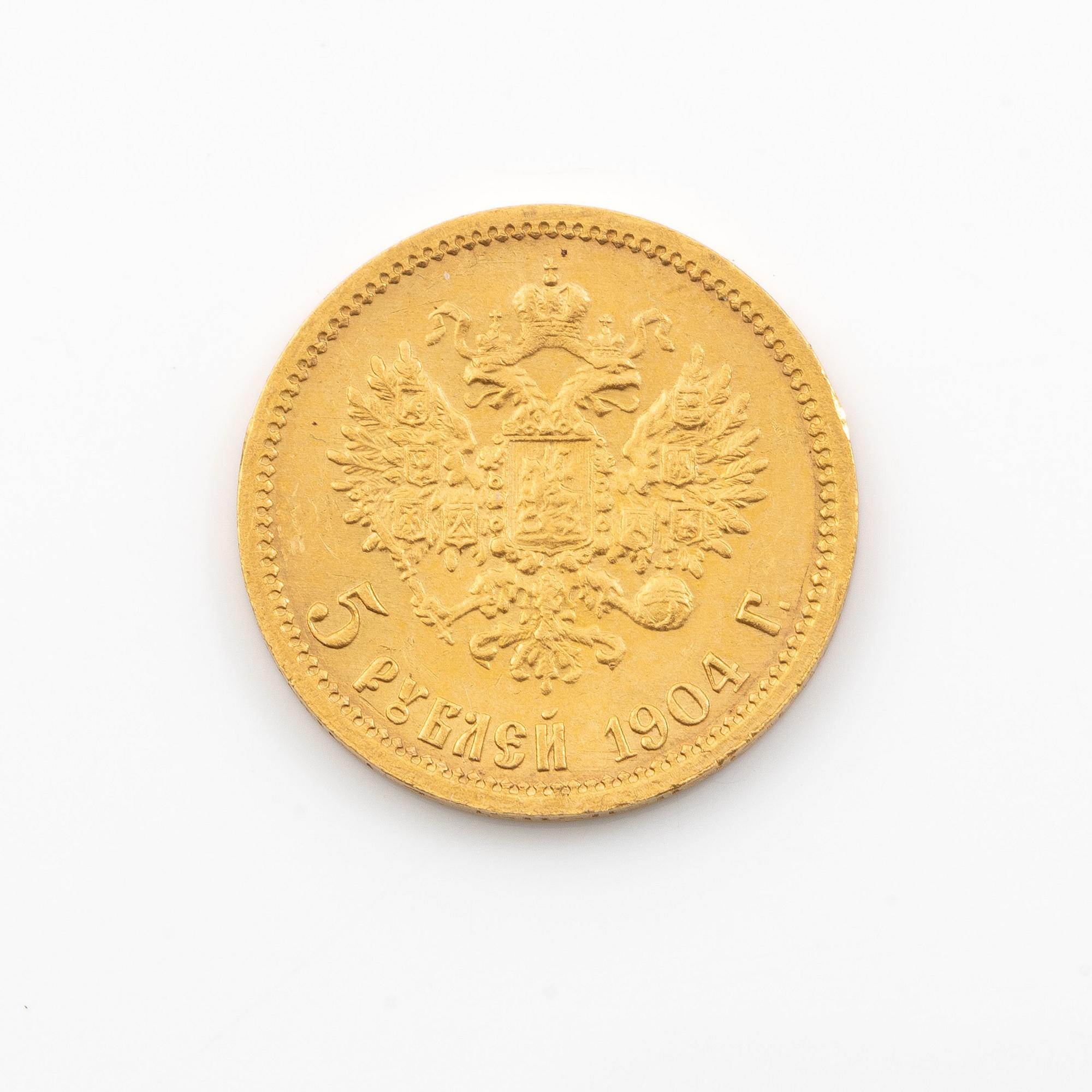 Gold coin, Nicholas II, Russia, 5 Rubles, 1904.
