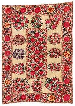 348. A 19th century Suzani embroidery, probably Nurata region, Uzbekistan, c. 243 x 175 cm.