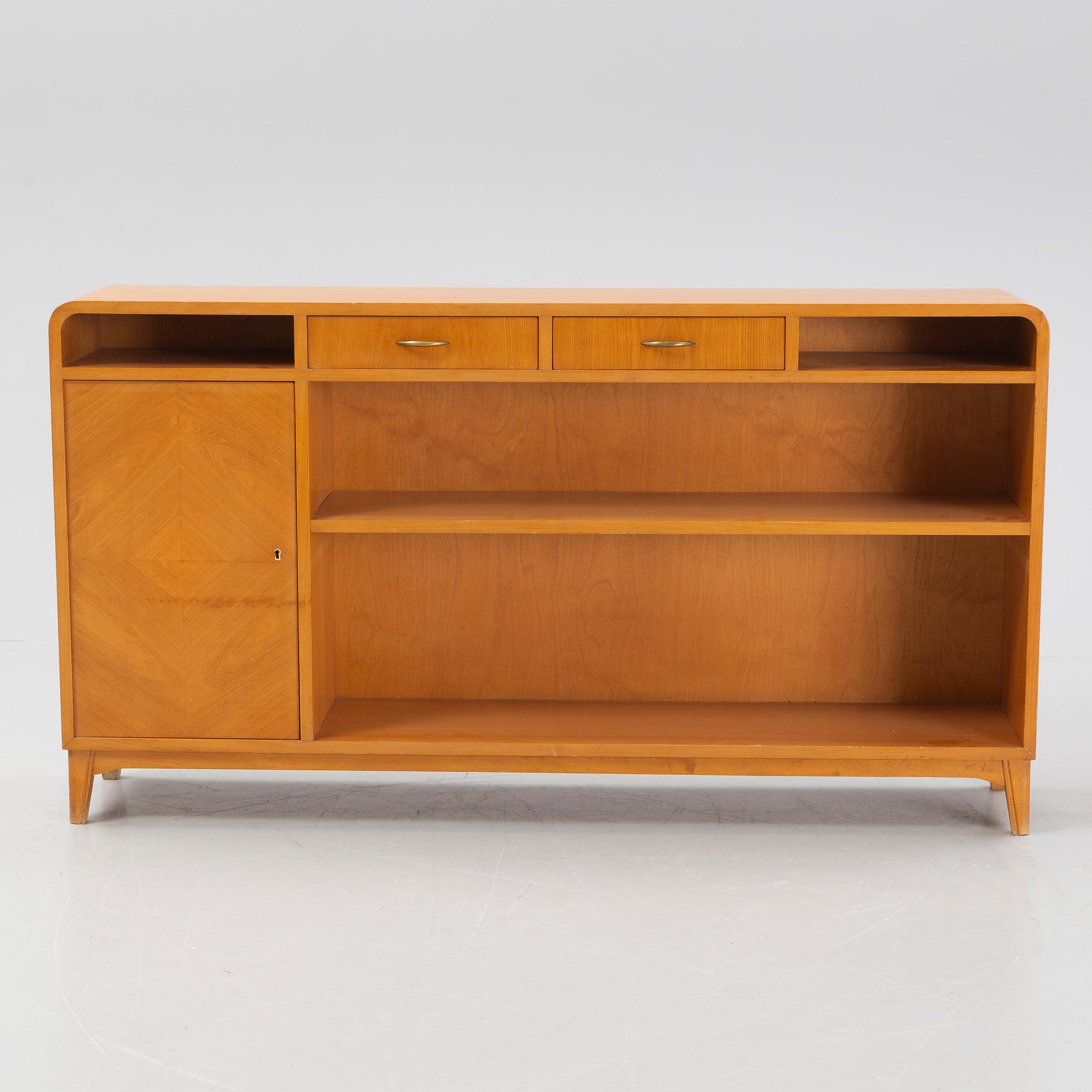 An elmwood veneered bookcase, Möbelfabrik i Nybro AB, SMI, Nybro, 1940's.