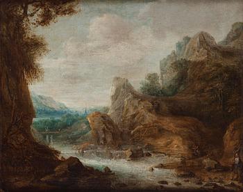 729. Frans de Momper, circle of, Mountainous river landscape with hunters.