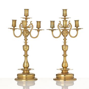 Candelabra, a pair of brass, Baroque style Gusums Bruk No 3, 20th century.