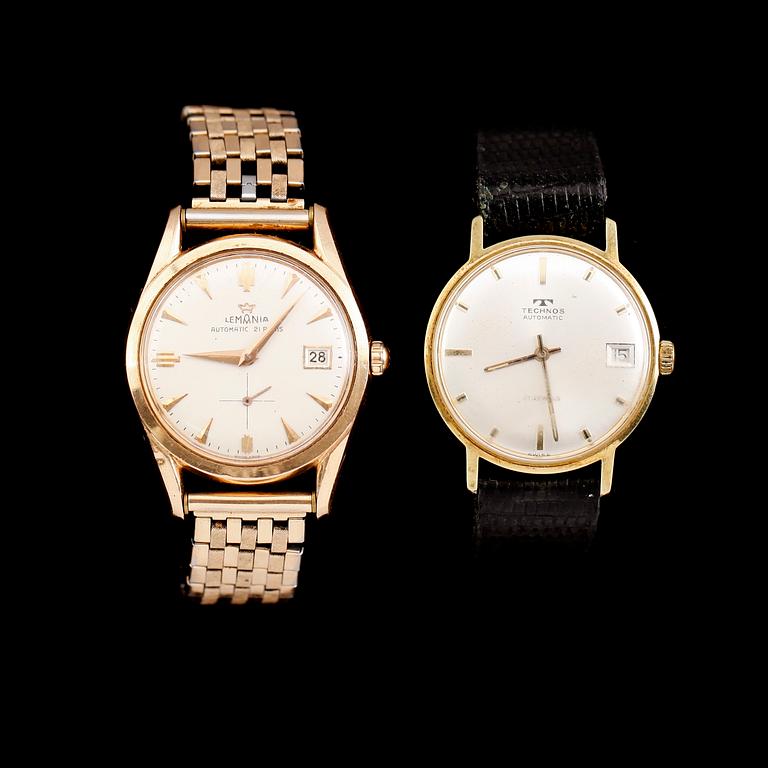ARMBANDSUR, 2 st, guld på stål, Lemania Automatic samt Technos Automatic.