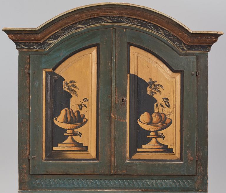 A polychrome-painted writing-cabinet attributed to J. Bäckström (1773-1837), dated 1828.