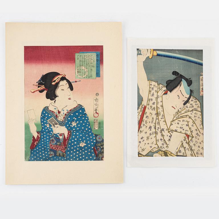 Toyohara Kunichika, two woodblock prints.