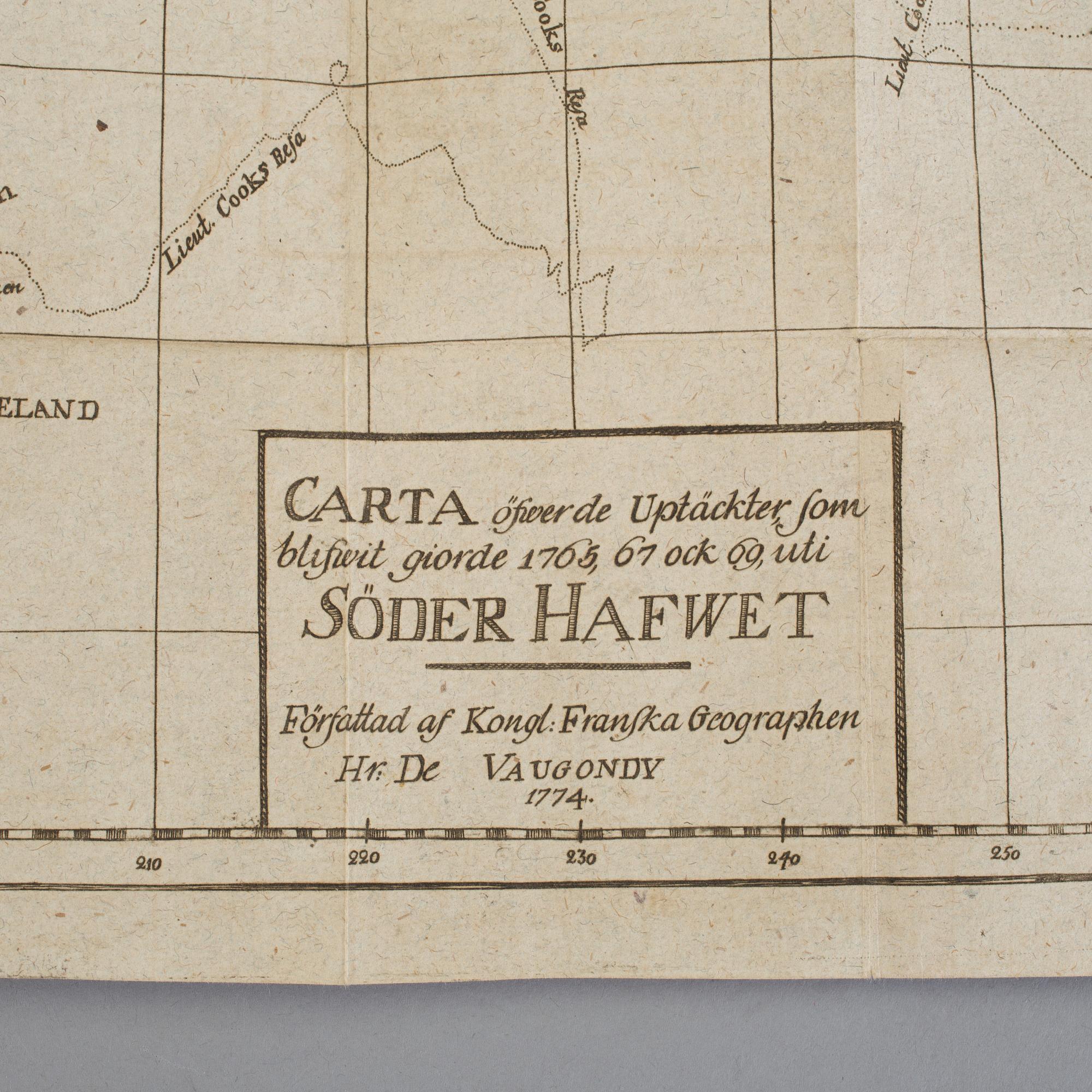 BOK, två delar i en vol, "Berättelse om de upptäckter...Söderhafwet..." av De Freville, Uppsala 1776.