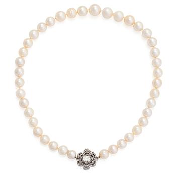 A cultured saltwater pearl necklace, clasp in 18K white gold with an old mine-cut and single-cut diamonds.