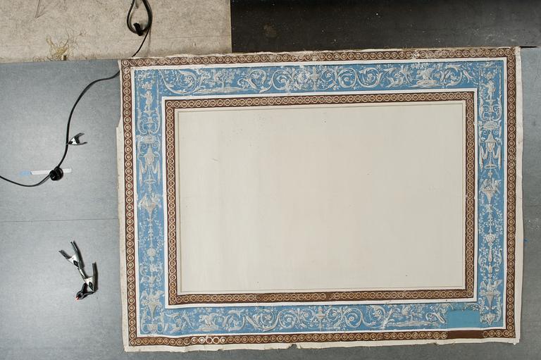 Fourteen pieces of late Gustavian wall covers of painted canvas.