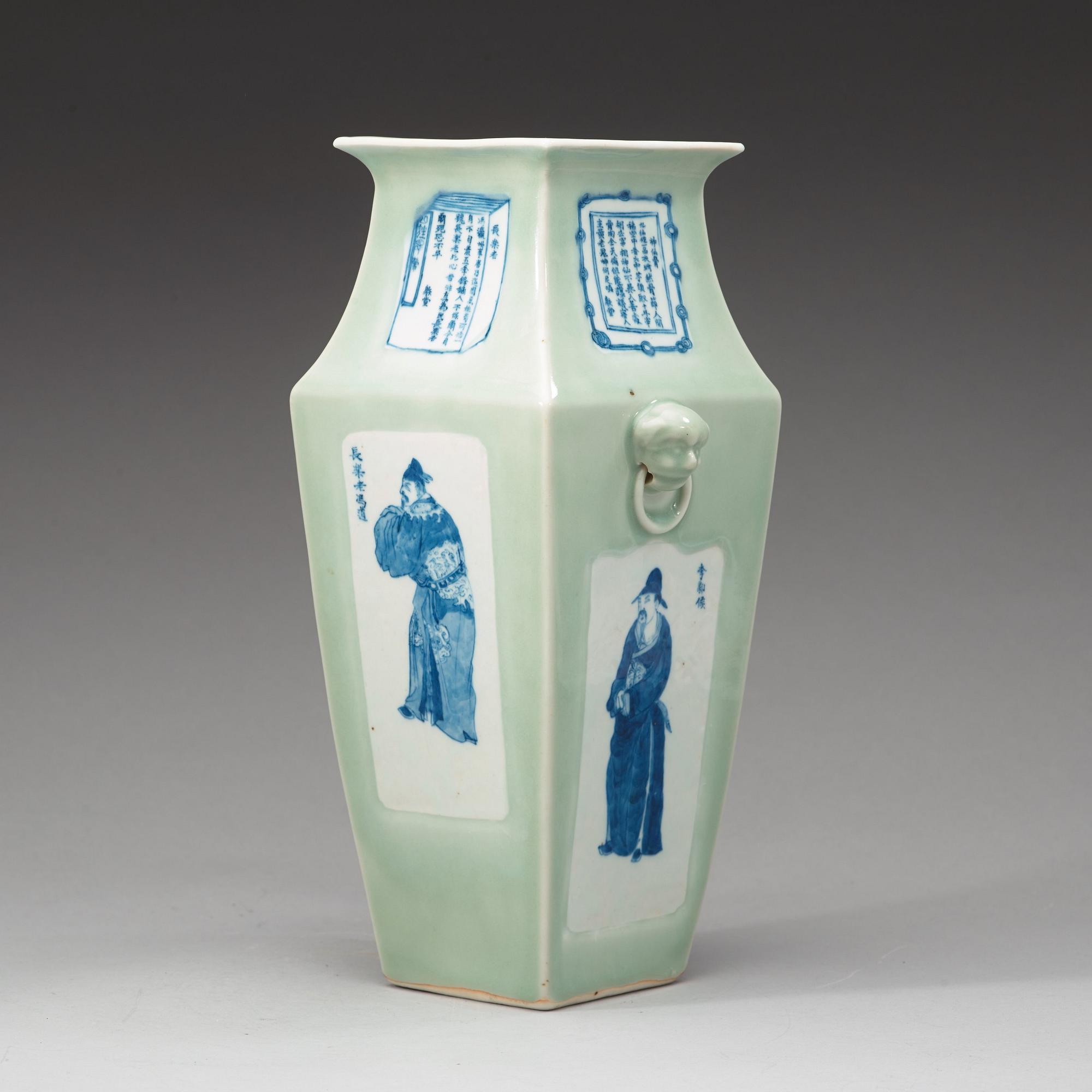 A celadon ground blue and white vase, late Qing dynasty.