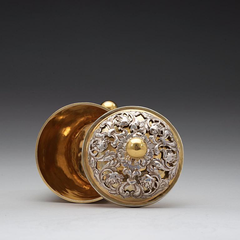 A German 18th century parcel-gilt beaker and cover, marks possibly of Antoni II Grill, Augsburg (1720-1734).