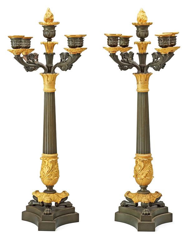 KANDELABRAR, för fem ljus, ett par. Frankrike, 1800-tal. Empire.