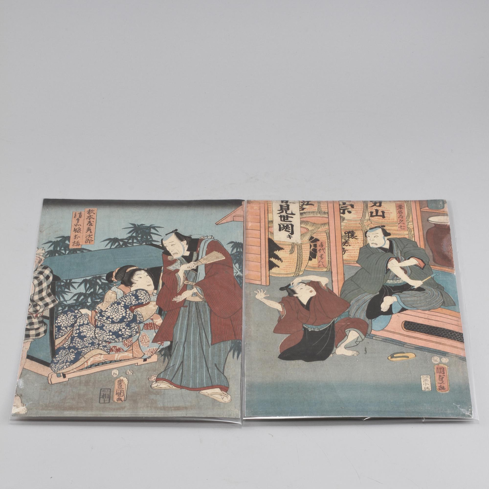 TRÄSNITT, 2 st, troligen Kunisada II samt Utagawa Kunisada Kochoro Toyokuni III, Japan, 1800-tal.